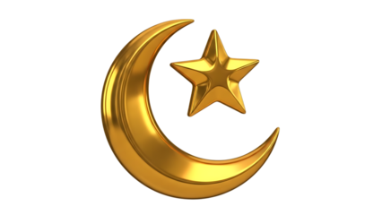 golden crescent and star islamic symbol 3d render isolated on transparent background