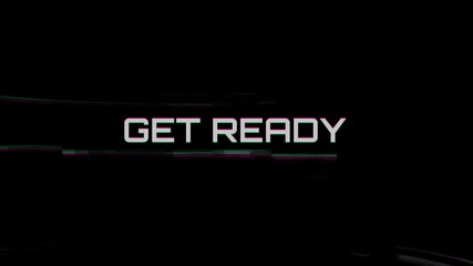 4k stock. Text animation glitch effect get ready black background digital modern screen intro suitable for video game intros, broadcast openers, or futuristic digital messages.