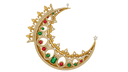 ornate golden crescent moon jewelry with gemstones 3d render isolated on transparent background