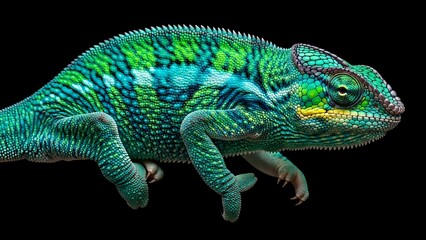 Obraz premium Vibrant Green Chameleon on Black Background.