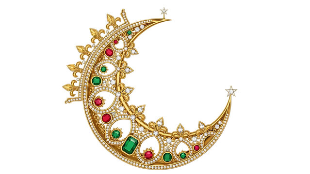 ornate golden crescent moon jewelry with gemstones 3d render isolated on transparent background