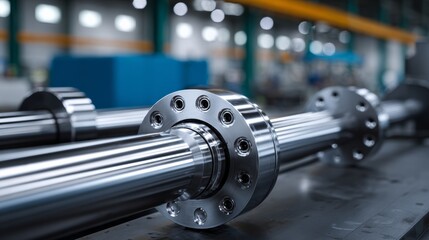 Close-up view of shiny metallic industrial machinery components, showcasing precision engineering and craftsmanship in a modern workshop environment with blurred background elements enhancing focus on