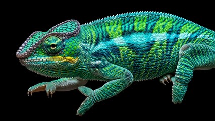 Obraz premium Vibrant Green Chameleon on Black Background.