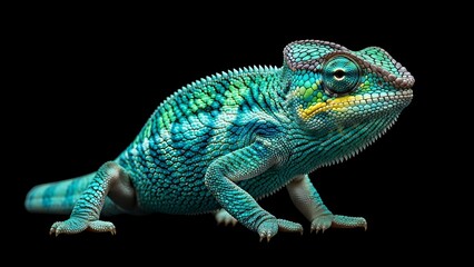 Obraz premium Vibrant Green Chameleon on Black Background.