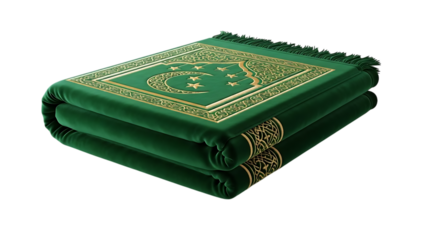 prayer rug green Islamic prayer mat folded with crescent moon stars and ornate patterns isolated on transparent background