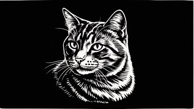 A black and white illustration of a cat&rsquo;s head and upper neck with intricate linework, focused gaze, and high contrast against a solid black background, emphasizing texture, depth, and artistic detail