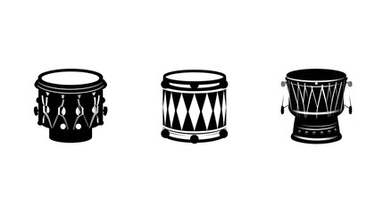 Black and white illustration of three ethnic musical percussion instruments on a white background