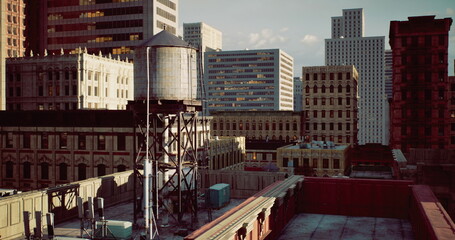 Naklejka premium Warm rooftop water tower in afternoon, sunlit facades and fire escapes, film grain texture, panoramic urban vista, ideal for urban planning visuals