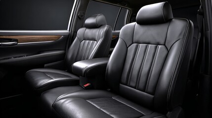 Luxurious black leather car seats with elegant stitching and wooden accents, showcasing modern automotive design and comfort in a stylish vehicle interior with a sleek ambiance