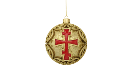 Ornate gold Christmas bauble featuring a red Christian religious cross symbol. isolated PNG with Transparent Background