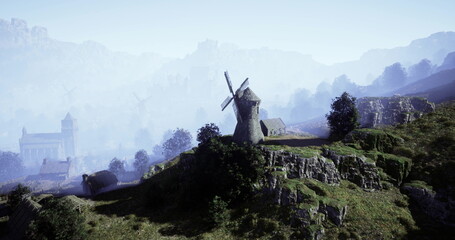 Misty hilltop windmill overlooking lush valley, bathed in cinematic morning light, fog drifting among distant castle turrets and rolling green pastures, stone © icetray