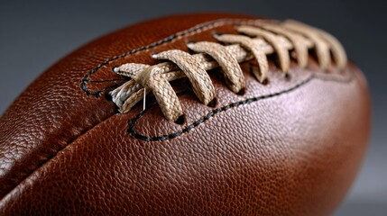 Close-up view of a textured brown leather football showcasing intricate stitching and laces, emphasizing craftsmanship and the spirit of competitive sports in a dynamic atmosphere