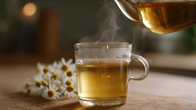 Medium shot of chamomile herbal tea being poured into a glass cup highlighting the warm golden hues and calming steam for relaxation