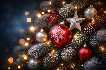 Fototapeta premium Dekorasi Pohon Natal dengan Ornamen Merah dan Lampu Hangat