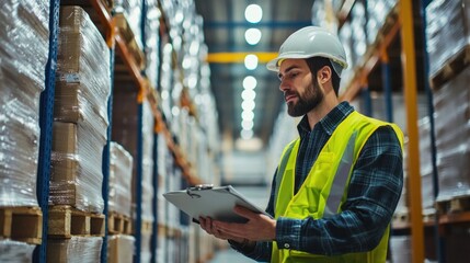 A man in a hard hat and safety vest standing in a warehouse, holding a clipboard and looking at it.