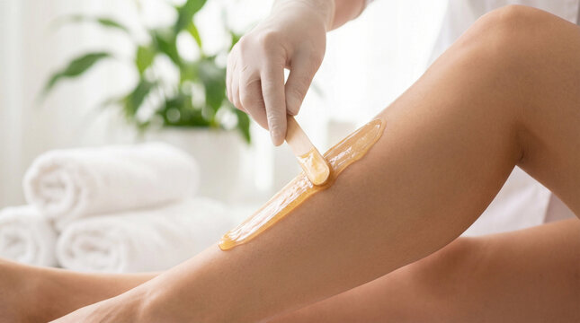 Beautician in glove applying golden sugar wax on a woman's leg for epilation. Close-up of hair removal procedure in a spa.