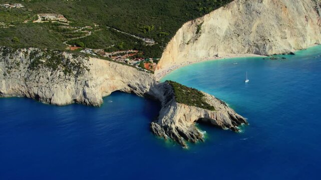 Aerial view of Porto Katsiki Beach where the azure sea contrasts with the stark white cliffs, creating a stunning visual, Lefkada Island, Lefkada, Greece.