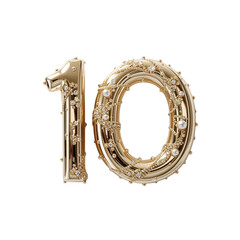 Obraz premium Golden number ten, adorned with sparkling diamonds and lustrous pearls, symbolizing a luxurious anniversary or significant milestone. Elegant design for celebrations