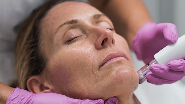 Medium shot of a specialist applying advanced plasma skin treatment to reduce fine lines on a womans face in a bright clinic.