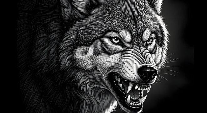 Intense black and white portrait of a ferocious wild wolf growling, showcasing its powerful fangs and aggressive expression, a symbol of untamed wilderness and raw power