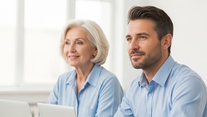 Obraz premium Professional business meeting with mature caucasian woman and younger european man in light blue shirts discussing work in bright modern office