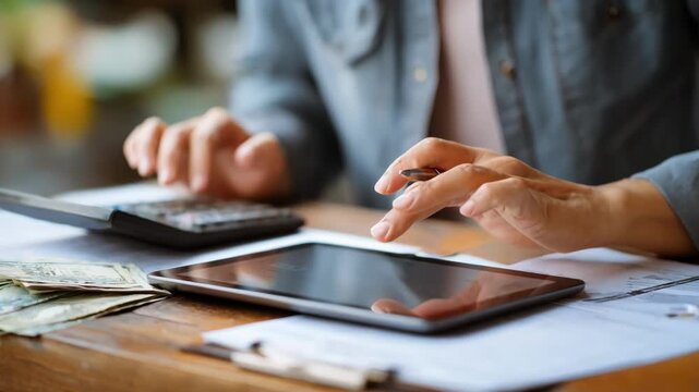 Medium shot of a single professional calculating installment payments on a tablet planning budget for buying a mailorder home with flexible financing.