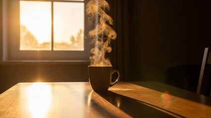Steaming hot coffee mug on wooden desk with golden sunlight streaming through window in cozy home office workspace