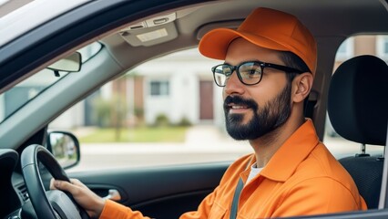 Smiling Middle Eastern delivery driver in orange uniform and cap sitting in car during daytime delivery service