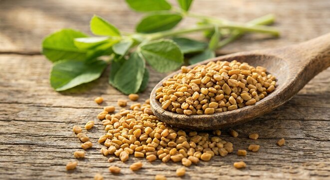 Fenugreek seeds in a wooden spoon with fresh green leaves on a rustic wooden background.