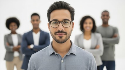 Young asian businessman with glasses standing confidently in front of diverse professional team in modern office environment