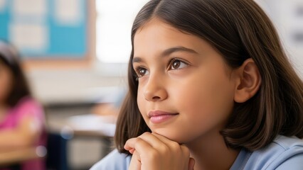 Young Asian girl student thinking deeply with hand on chin in bright classroom during school day