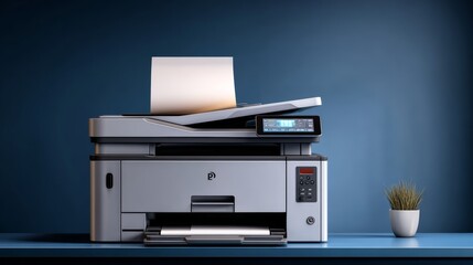 Modern multifunction printer with paper emerging from the output tray, placed on a sleek blue desk against a minimalist wall, showcasing advanced printing technology and office efficiency
