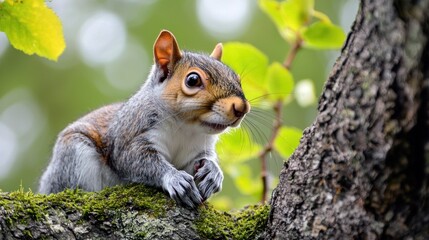 Obraz premium A squirrel perched on a tree branch with green leaves in the background.