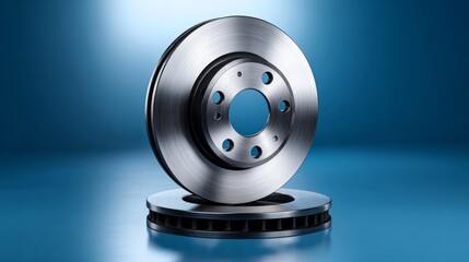 Automotive brake disc displayed prominently on a reflective surface, showcasing intricate design and metallic texture, with a soft blue background enhancing its features and emphasizing its importance