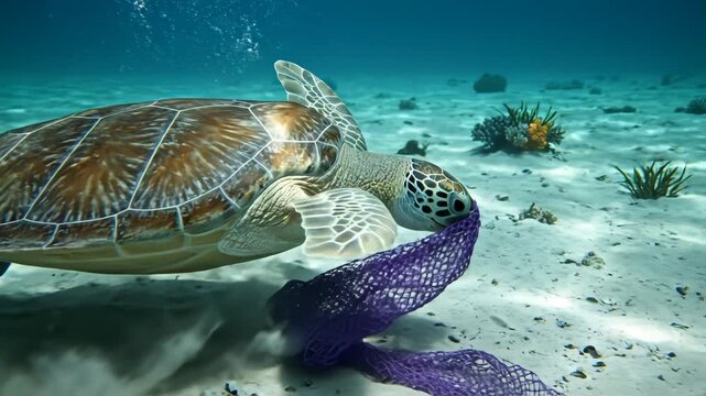 Sea turtle entangled in purple net underwater