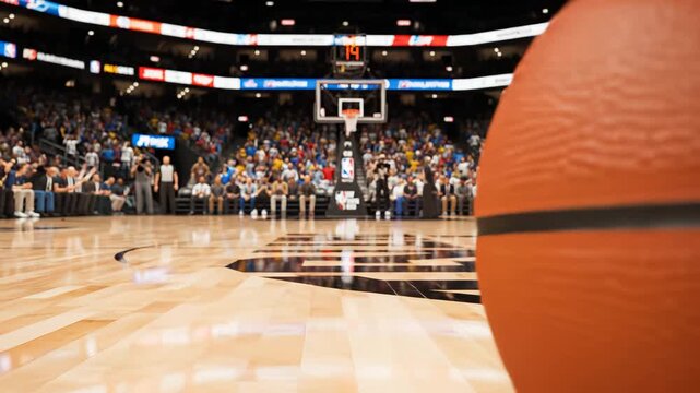 Basketball on court in arena