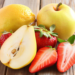 Bright harvest fruits arranged on rustic wooden table, elegant still life with soft background.