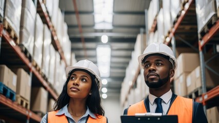 African business professionals wearing safety helmets and hi-vis vests inspecting warehouse operations with digital tablet