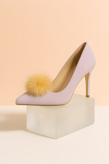 Elegant red high heel with white fur trim displayed on a clear stand