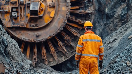 A man in an orange jumpsuit stands in front of a large, rusted mining machine in a mining operation.