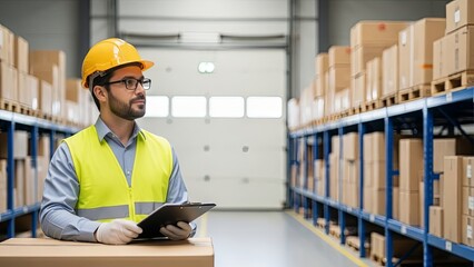 Asian warehouse worker in yellow safety vest and hard hat using tablet for inventory management in modern distribution center