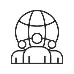 Global community teamwork, icon in line design. people, globe, teamwork, connection, group, network, world on white background vector. Global community editable stroke icon