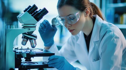 A female scientist in a lab coat and goggles, examining a sample under a microscope.