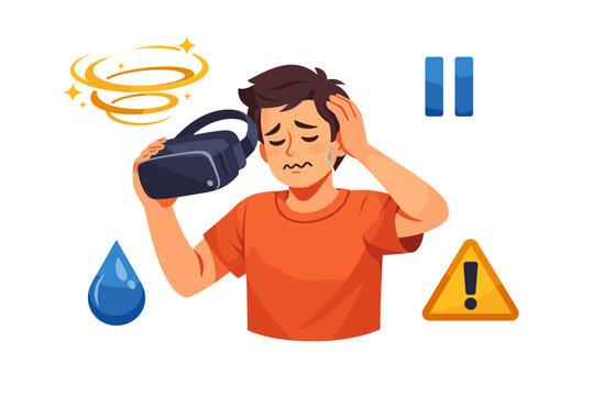 Young caucasian male experiencing vr motion sickness with headset and warning symbols