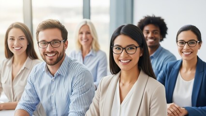 Obraz premium Happy diverse business team smiling at camera in modern office workplace with professional colleagues standing together