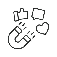 Fototapeta premium Social media attraction magnet, icon in line design. magnet, like, heart, comment, engagement, attract, audience on white background vector. Attraction editable stroke icon