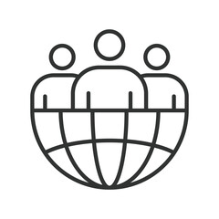 Global audience community, icon in line design. people, globe, community, group, audience, world, network on white background vector. Audience editable stroke icon