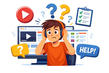 Confused young male seeking tech help while watching online tutorials