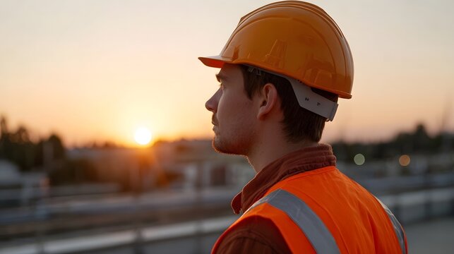 A construction worker in an orange hard hat and reflective vest looks towards a bright sunset over an industrial landscape