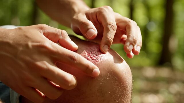 Person examining head wound outdoors
